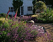 CLARE MATTHEWS GARDEN  DEVON: FOXGLOVES  NEPETA WALKERS LOW  SLATE AND A LARGE URN (CONTAINER) BESIDE THE HOUSE