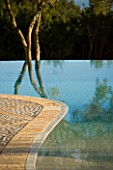 VIEW OF THE ALBANIAN MOUNTAINS WITH  AN OLIVE TREE AND INFINITY SWIMMING POOL IN THE FOREGROUND: GINA PRICES GARDEN  CORFU