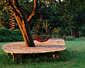 CLARE MATTHEWS GARDEN  DEVON: DECK AROUND TREE WITH SWING SEAT  AT DAWN