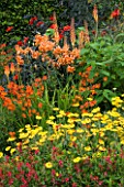 SUMMER PLANT COMBINATION: WOLLERTON OLD HALL  SHROPSHIRE. HOT COLOURED TROPICAL BORDER WITH CROCOSMIA  ORANGE LILIES  KNIPHOFIA AND DAHLIA BISHOP OF LLANDAFF