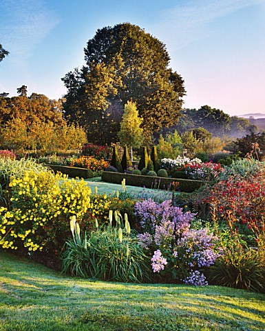 PETTIFERS_GARDEN__OXFORDSHIRE_THE_PARTERRE_IN_AUTUMN_WITH_DAHLIAS__CLIPPED_BOX_HEDGING_AND_YEW_SHAPE