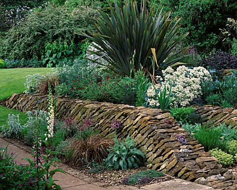 WINGWELL_NURSERY__RUTLAND_WALL_AT_THE_BACK_OF_THE_HOUSE_WITH_CRAMBE_MARITIMA__PHORMIUM__STACHYS__ALL