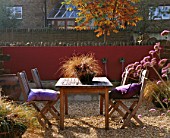AUTUMNAL VIEW FROM OFFICE ACROSS CONTEMPORARY COURTYARD  WITH TABLE AND CHAIRS  CONTAINERS WITH CAREX   WATER FEATURE  PAINTED WALL BEHIND. RICKYARD BARN  OXFORDSHIRE