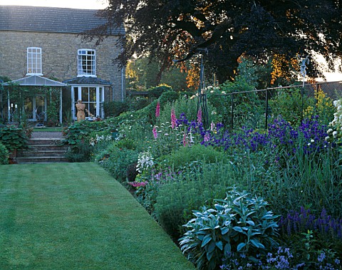 HALL_FARM__LINCOLNSHIRE_VIEW_ALONG_DOUBLE_HERBACEOUS_BORDERS_TO_THE_HOUSE_IN_THE_MORNING