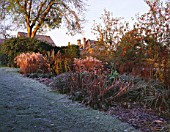 PETTIFERS  OXFORDSHIRE: BORDER IN WINTER WITH GRASSES AND PHORMIUM