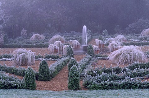 PARSONAGE__OMBERSLEY__WORCESTERSHIRE_BOX_EDGED_PARTERRE_ON_OLD_TENNIS_COURT_IN_WINTER_WITH_FROSTY_TE