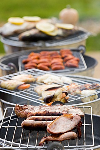 BARBEQUE_PROJECT_METAL_BUCKET_BARBEQUES_WITH_SEA_BASS__SAUSAGES__VEGETABLE_KEBABS__BACON_AND_SIRLOIN