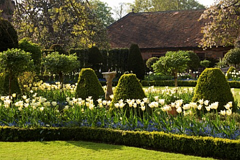 CHENIES_MANOR_GARDEN__BUCKINGHAMSHIRE_SUNDIAL_BORDERS_IN_SPRING_PLANTED_WITH_FORGETMENOTS_AND_TULIP_