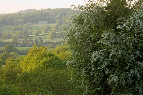 DESIGNER_HELEN_DOOLEY__ROSE_COTTAGE__DORSET_VIEW_FROM_THE_GARDEN_TO_PITT_HOUSE_WITH_HAWTHORN_IN_THE_