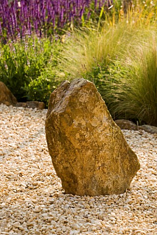 RICKYARD_BARN_GARDEN__NORTHAMPTONSHIRE_GRAVEL_GARDEN_WITH_ROCK_IN_FRONT_OF_STIPA_TENUISSIMA_AND_SALV