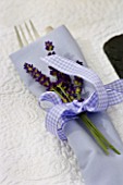 DESIGNER CLARE MATTHEWS: PALE BLUE NAPKIN TIED WITH A GINGHAM BOW AND LAVENDER