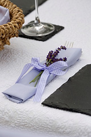 DESIGNER_CLARE_MATTHEWS_PALE_BLUE_NAPKIN_TIED_WITH_A_GINGHAM_BOW_AND_LAVENDER