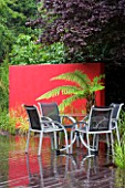 DESIGNERS WYNNIAT- HUSEY CLARKE: DECKED PATIO WITH TABLE AND CHAIRS IN FRONT OF THE SOFT TREE FERN  DICKSONIA ANTRCTICA  IN FRONT OF RED PAINTED WALL