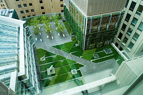 MARUNOUCHI_HOTEL__TOKYO_OVERVIEW_ONTO_FORMAL_ROOF_GARDEN_AND_VERTICAL_GARDEN_ON_WALL_WITH_GREEN_CARP
