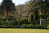 BRODSWORTH HALL  YORKSHIRE. ENGLISH HERITAGE. TOPIARY BORDERS  MONKEY PUZZLE TREE AND TEMPLE