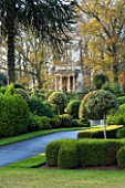 BRODSWORTH HALL  YORKSHIRE. ENGLISH HERITAGE. EVERGREEN TOPIARY BORDERS AND TEMPLE