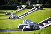 BRODSWORTH HALL  YORKSHIRE. ENGLISH HERITAGE. GRASS TERRACE WITH STEPS AND DOG STATUES