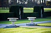 BRODSWORTH HALL  YORKSHIRE. ENGLISH HERITAGE. GRASS TERRACE WITH STEPS AND WHITE URNS