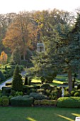 BRODSWORTH HALL  YORKSHIRE: ENGLISH HERITAGE. VIEW OF LAWN  MONKEY PUZZLE TREE  AND EVERGREEN TOPIARY BORDERS FROM THE ROOF OF THE HALL