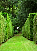 VEDDW HOUSE GARDEN  GWENT  WALES: DESIGNERS ANNE WAREHAM AND CHARLES HAWES - VIEW ALONG A YEW HEDGED AVENUE TO DOVE CUT OUT SCULPTURE