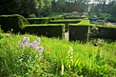 VEDDW HOUSE GARDEN  GWENT  WALES: DESIGNERS ANNE WAREHAM AND CHARLES HAWES - VIEW TO THE GRASSES PARTERRE