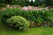 VEDDW HOUSE GARDEN  GWENT  WALES: DESIGNERS ANNE WAREHAM AND CHARLES HAWES - THE RAISED CRESCENT BORDER WITH WOODEN CUT OUT BUZZARD AND EPILOBIUM ANGUSTIFOLIUM