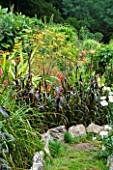 YEWBARROW HOUSE GARDENS  CUMBRIA - LATE SUMMER PERENNIAL AND GRASSES BORDER BESIDE A PATH EDGED WITH STONE