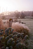 WOODPECKERS  WARWICKSHIRE  WINTER: LAWN COVERED WITH FROST BESIDE A  BORDER OF GRASSES  EUPHORBIA AND A STATUE WITH WOODEN SUMMERHOUSE BEHIND