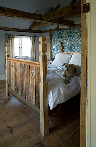 BOONSHILL_FARM__E_SUSSEX_INTERIOR_OF_BEDROOM_WITH_HONEY_THE_DOG_ON_RECLAIMED_WOODEN_BED_BY_MICK_SHAW