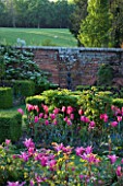 PASHLEY MANOR  EAST SUSSEX: BOX GARDEN IN SPRING WITH SCULPTURE BY MARY COX SURROUNDED BY TULIP QUEEN OF NIGHT