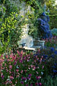 PASHLEY MANOR  EAST SUSSEX: THE SWIMMING POOL GARDEN WITH ORNATE STONE SEAT SURROUNDED BY CEANOTHUS AND WALLFLOWERS