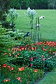 PASHLEY MANOR  EAST SUSSEX: TULIPS IN A BORDER BESIDE A FIELD OF SHEEP