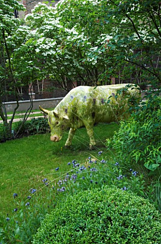 GARDEN_DESIGNED_BY_CHARLOTTE_SANDERSON_MODEL_COW_IN_THE_LAWN_WITH_CORNUS_KOUSA_BEHIND_IN_SPRING