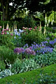 THE OLD RECTORY  HASELBECH  NORTHAMPTONSHIRE: HERBACEOUS BORDER WITH STACHYS  ALLIUM CHRISTOPHII  GERNAIUM JOHNSONS BLUE   IRIS JANE PHILLIPS  DIGITALIS SUTTONS APRICOT