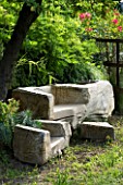 PROVENCE  FRANCE. GARDEN OF MARCO NUCERA. BEAUTIFUL WOODEN SEAT SCULPTURE BY MARCO NUCERA