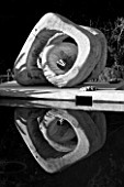 PROVENCE  FRANCE. GARDEN OF MARCO NUCERA. BLACK AND WHITE IMAGE - BEAUTIFUL WOODEN SCULPTURE REFLECTED IN WATER TROUGH. WATER FEATURE