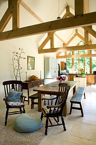 CLARE_MATTHEWS_HOUSE__DEVON_KITCHEN_EXTENSION_WITH_EXPOSED_ROOF_BEAMS__FARMHOUSE_TABLE_AND_BENCHES__