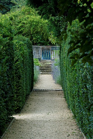 THROUGHAM_COURT__GLOUCESTERSHIRE_DESIGNER_CHRISTINE_FACER_VIEW_ALONG_YEW_LINED_PATH_TO_THE_CHAOS_GAT