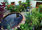 DARREN CLEMENTS GARDEN  STAFFORDSHIRE: COURTYARD GARDEN WITH MIXTURE OF ARCHITECTURAL EVERGREEN SHRUBS. BLACK TABLE AND CHAIRS AND HOT TUB