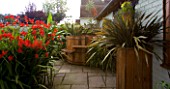 DARREN CLEMENTS GARDEN  STAFFORDSHIRE: COURTYARD WITH HOT TUB AND CROCOSMIA LUCIFER