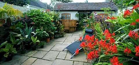 DARREN_CLEMENTS_GARDEN__STAFFORDSHIRE_COURTYARD_WITH_HOT_TUB__SUNLOUNGER_AND_CROCOSMIA_LUCIFER