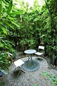 THROUGHAM COURT  GLOUCESTERSHIRE. DESIGNER: CHRISTINE FACER: A PLACE TO SIT - TABLE AND CHAIRS IN THE CENTRE OF THE BLACK BAMBOO MAZE