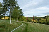THROUGHAM COURT  GLOUCESTERSHIRE. DESIGNER: CHRISTINE FACER: FIBONACCIS WALK THROUGH THE WILD GRASS MEADOW WITH BIRCH TREES WITH BANNERS BY SHONA WATT