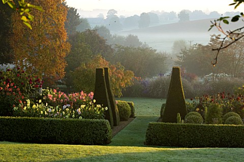 PETTIFERS_GARDEN__OXFORDSHIRE_THE_PARTERRE_IN_AUTUMN_WITH_BOX_HEDGING__YEW_TOPIARY_AND_BEDS_FILLED_W
