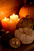 HALLOWEEN: STILL LIFE AT NIGHT WITH ORANGE CANDLES  PUMPKINS  SQUASHES AND GOURDS