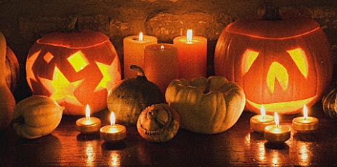 HALLOWEEN_STILL_LIFE_ON_SIDEBOARD_AT_NIGHT_WITH_ORANGE_CANDLES__PUMPKINS__SQUASHES_AND_GOURDS