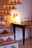 SON BERNADINET HOTEL  NEAR CAMPOS  MALLORCA. SUITE.DO. THE STAIRS WITH TABLE  LIGHT AND GLASS JARS
