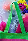 PINK AND GREEN BAG WITH CUT FLOWERS - GREEN AND YELLOW SHAMROCK CHRYSANTHEMUMS AND PINK GERBERAS