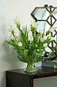 DESIGNERS SUE AYLETT: SUE AYLETTS HOUSE  LONDON: THE LIVING ROOM WITH BEAUTIFUL WHITE TULIPS AND GINGERS IN GLASS CONTAINER/ VASE ON MANTELPIECE