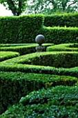 PROVENCE  FRANCE - ALTAVES. BOX TOPIARY GARDEN WITH SPHERICAL ORNAMENTAL STONE SCULPTURE